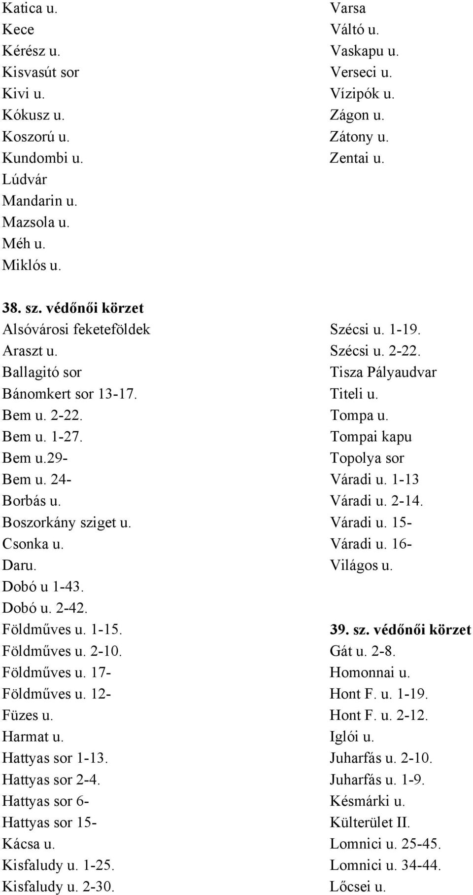 Tompai kapu Bem u.29- Topolya sor Bem u. 24- Váradi u. 1-13 Borbás u. Váradi u. 2-14. Boszorkány sziget u. Váradi u. 15- Csonka u. Váradi u. 16- Daru. Világos u. Dobó u 1-43. Dobó u. 2-42.