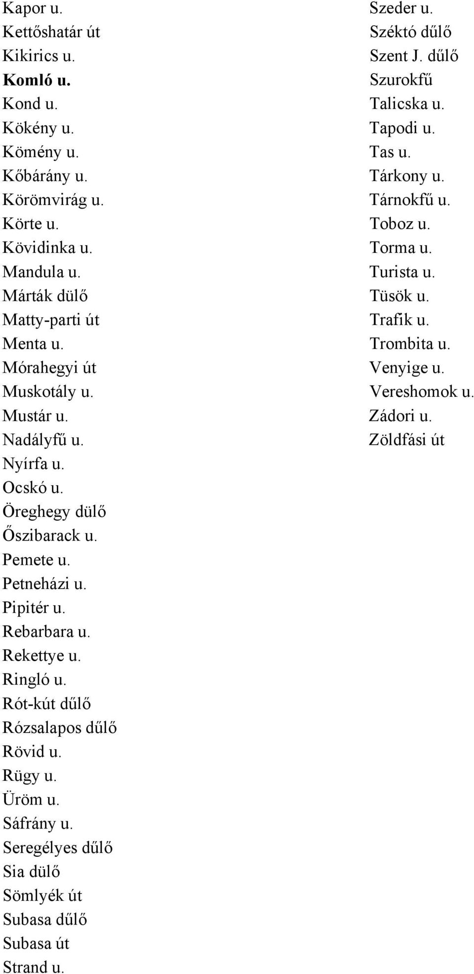 Mórahegyi út Venyige u. Muskotály u. Vereshomok u. Mustár u. Zádori u. Nadályfű u. Zöldfási út Nyírfa u. Ocskó u. Öreghegy dülő Őszibarack u. Pemete u. Petneházi u.