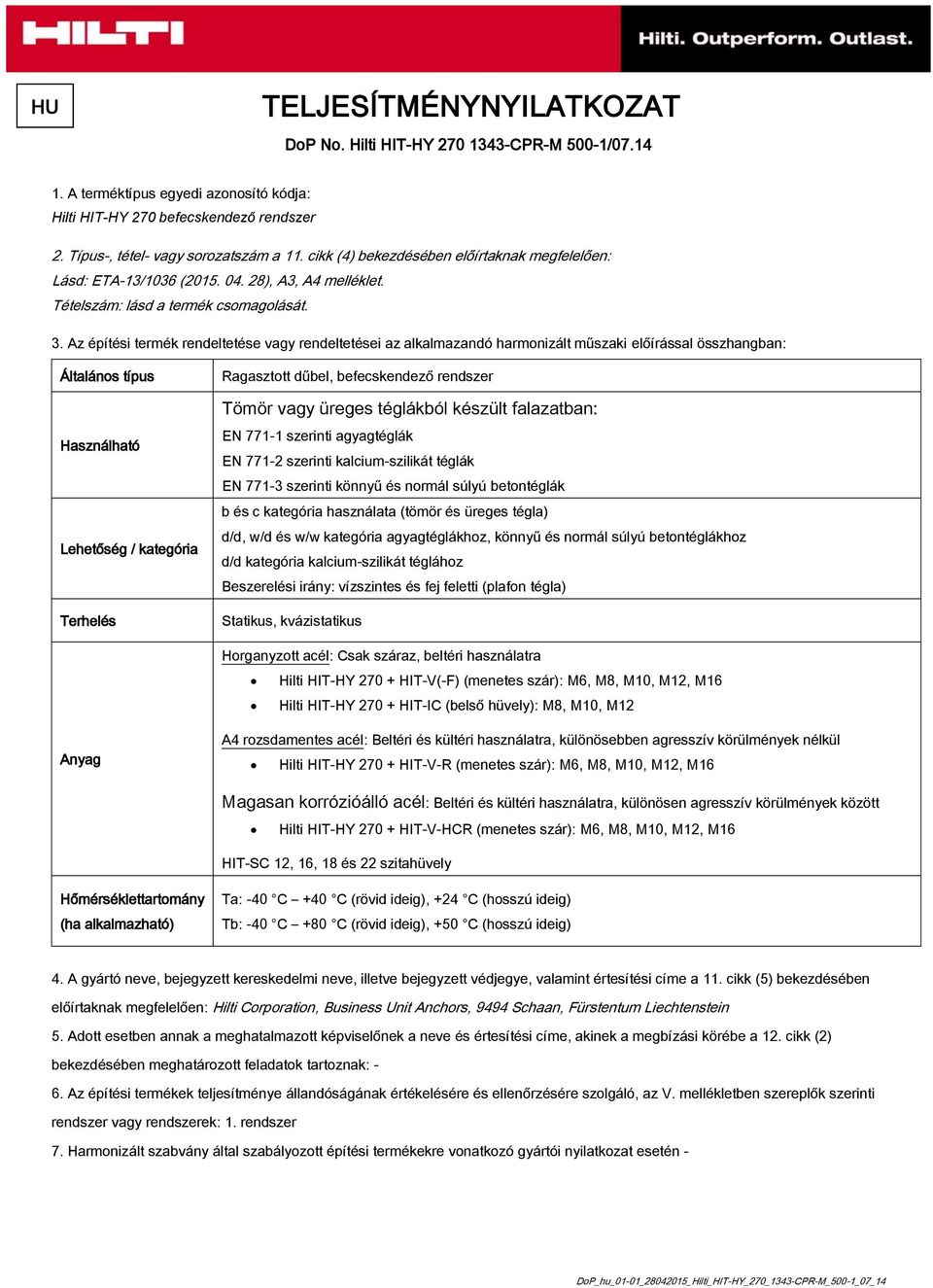 Az építési termék rendeltetése vagy rendeltetései az alkalmazandó harmonizált műszaki előírással összhangban: Általános típus Használható Lehetőség / kategória Terhelés Ragasztott dűbel,