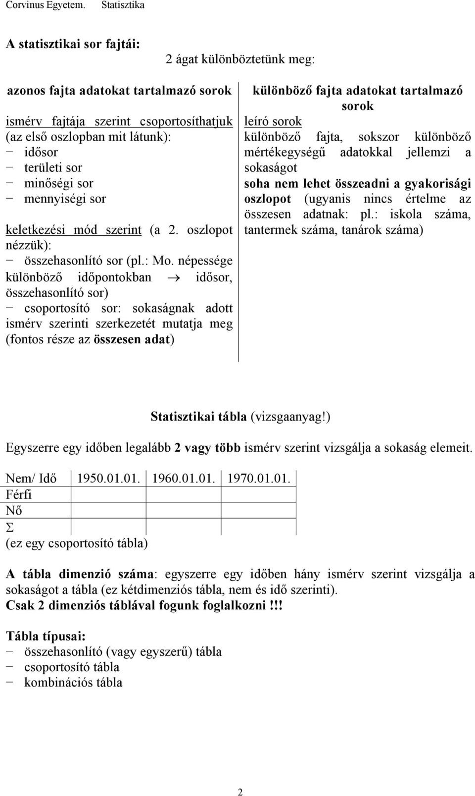 népessége különböző időpontokban idősor, összehasonlító sor) csoportosító sor: sokaságnak adott ismérv szerinti szerkezetét mutatja meg (fontos része az összesen adat) különböző fajta adatokat