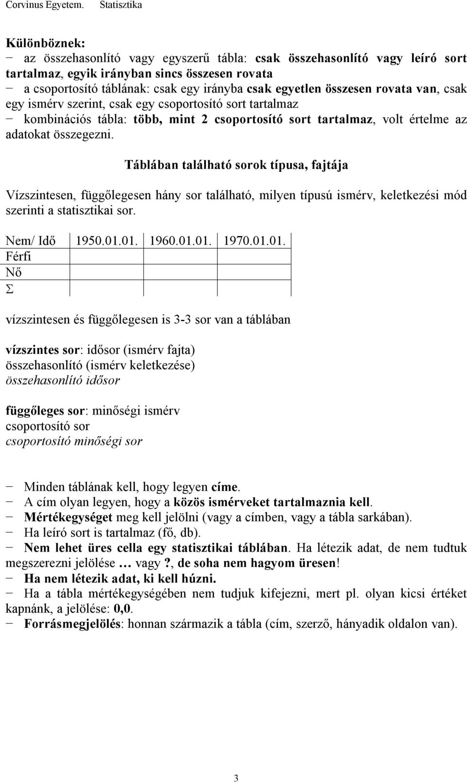 Táblában található sorok típusa, fajtája Vízszintesen, függőlegesen hány sor található, milyen típusú ismérv, keletkezési mód szerinti a statisztikai sor. Nem/ Idő 1950.01.