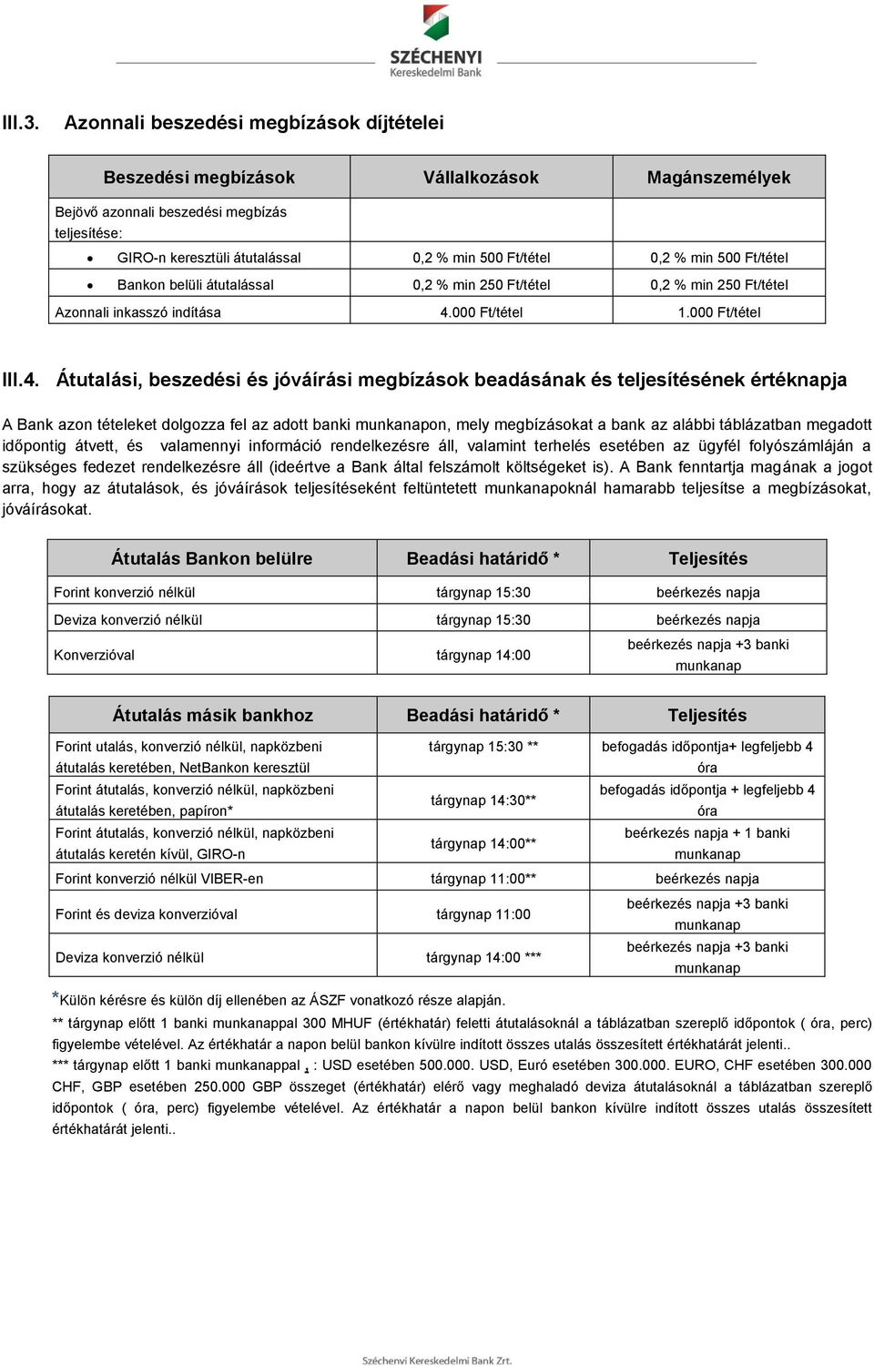 min 500 Ft/tétel Bankon belüli átutalással 0,2 % min 250 Ft/tétel 0,2 % min 250 Ft/tétel Azonnali inkasszó indítása 4.