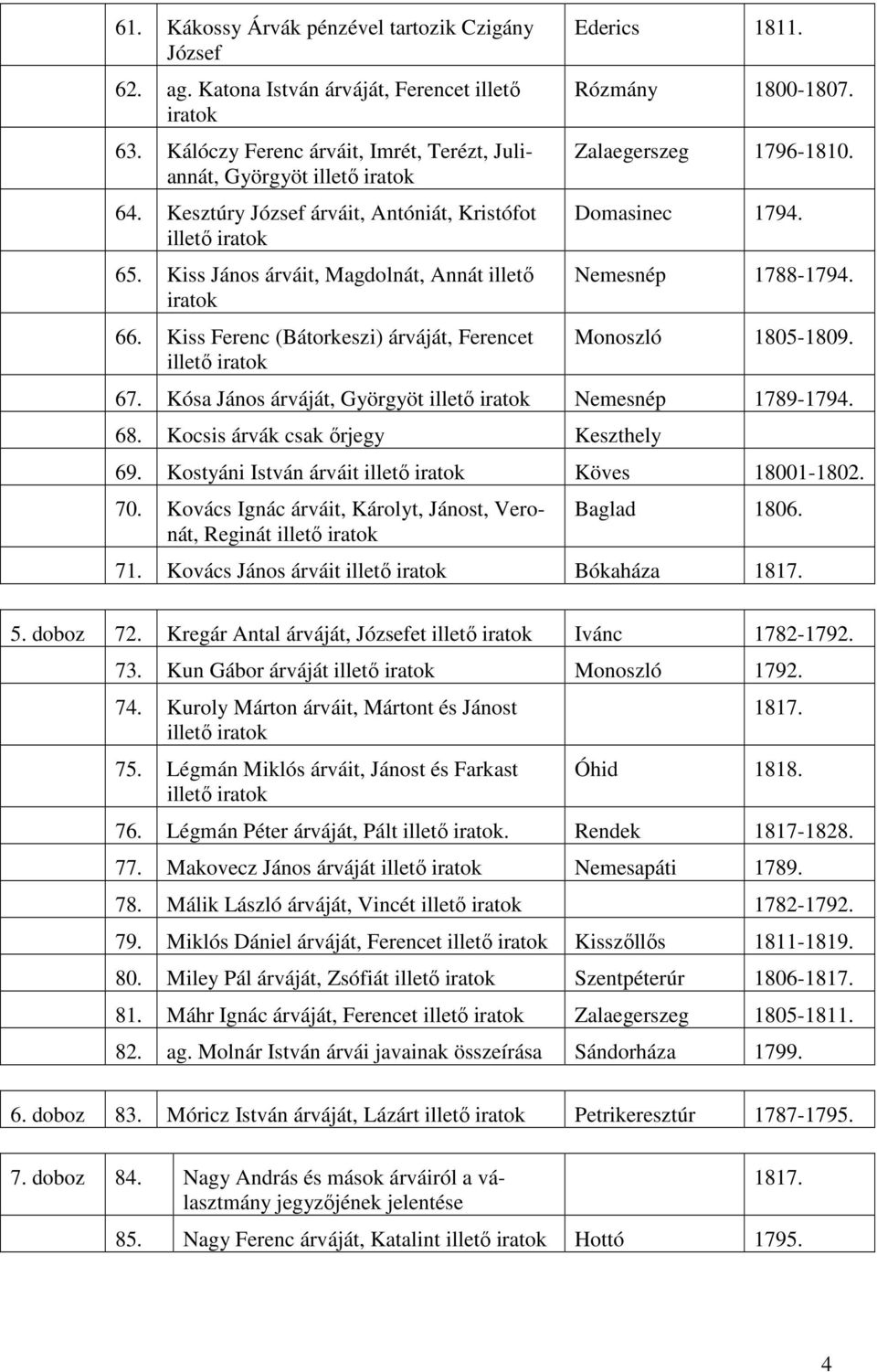 Zalaegerszeg 1796-1810. Domasinec 1794. Nemesnép 1788-1794. Monoszló 1805-1809. 67. Kósa János árváját, Györgyöt illető Nemesnép 1789-1794. 68. Kocsis árvák csak őrjegy Keszthely 69.