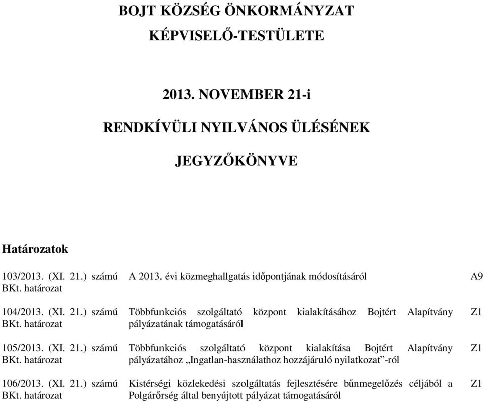 évi közmeghallgatás időpontjának módosításáról Többfunkciós szolgáltató központ kialakításához Bojtért Alapítvány pályázatának támogatásáról Többfunkciós szolgáltató központ