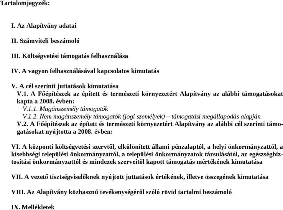 08. évben: V.1.1. Magánszemély támogatók V.1.2. Nem magánszemély támogatók (jogi személyek) támogatási megállapodás alapján V.2. A Főépítészek az épített és természeti környezetért Alapítvány az alábbi cél szerinti támogatásokat nyújtotta a 2008.