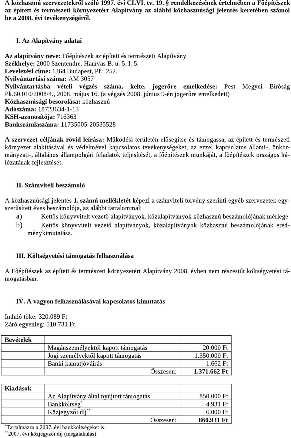 : 252. Nyilvántartási száma: AM 3057 Nyilvántartásba vételi végzés száma, kelte, jogerőre emelkedése: Pest Megyei Bíróság Pk.60.010/2008/4., 2008. május 16. (a végzés 2008.