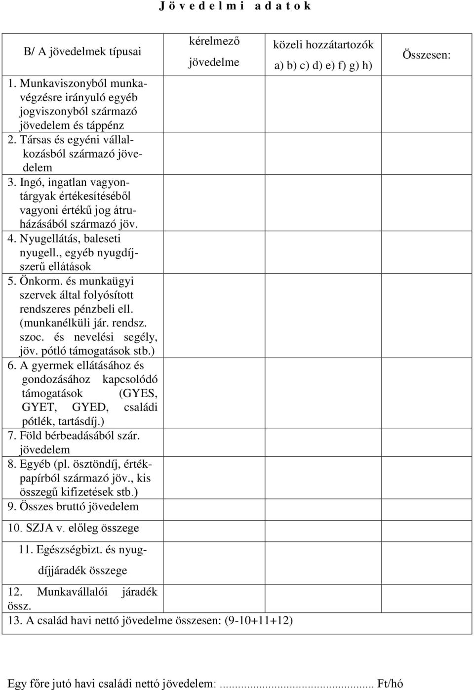 és munkaügyi szervek által folyósított rendszeres pénzbeli ell. (munkanélküli jár. rendsz. szoc. és nevelési segély, jöv. pótló támogatások stb.) 6.