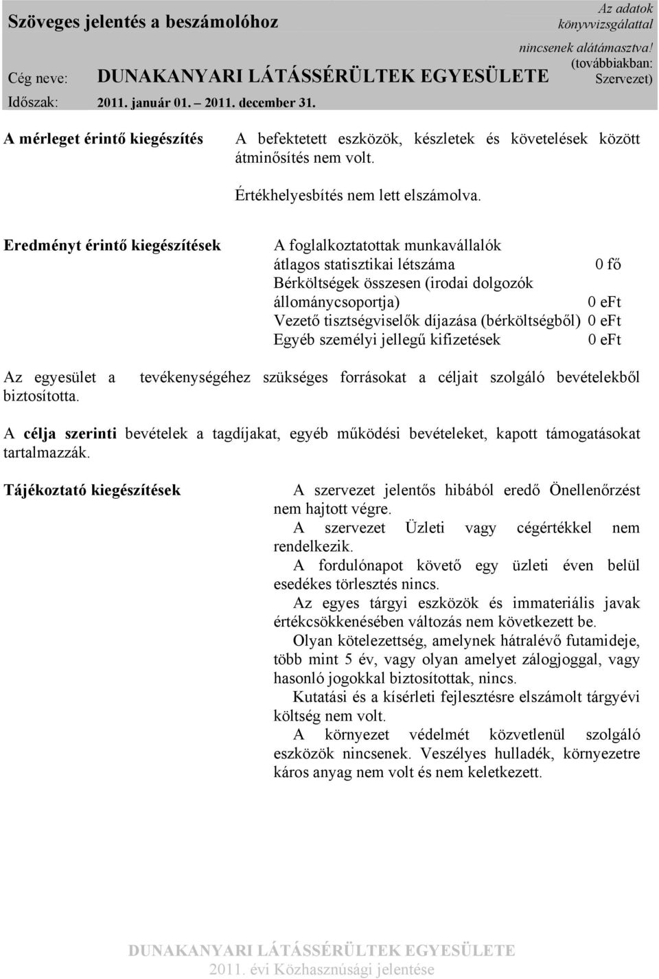 Eredményt érintő kiegészítések A foglalkoztatottak munkavállalók átlagos statisztikai létszáma fő Bérköltségek összesen (irodai dolgozók állománycsoportja) eft Vezető tisztségviselők díjazása