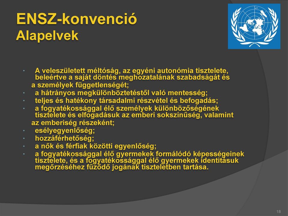 különbözőségének tisztelete és elfogadásuk az emberi sokszínűség, valamint az emberiség részeként; esélyegyenlőség; hozzáférhetőség; a nők és férfiak közötti