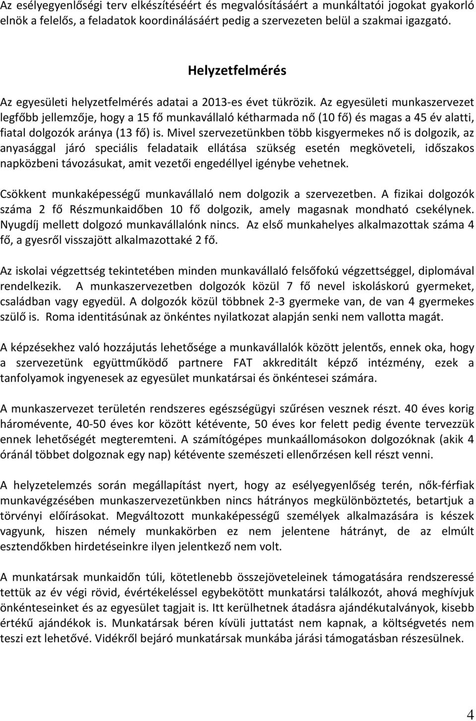 Az egyesületi munkaszervezet legfőbb jellemzője, hogy a 15 fő munkavállaló kétharmada nő (10 fő) és magas a 45 év alatti, fiatal dolgozók aránya (13 fő) is.