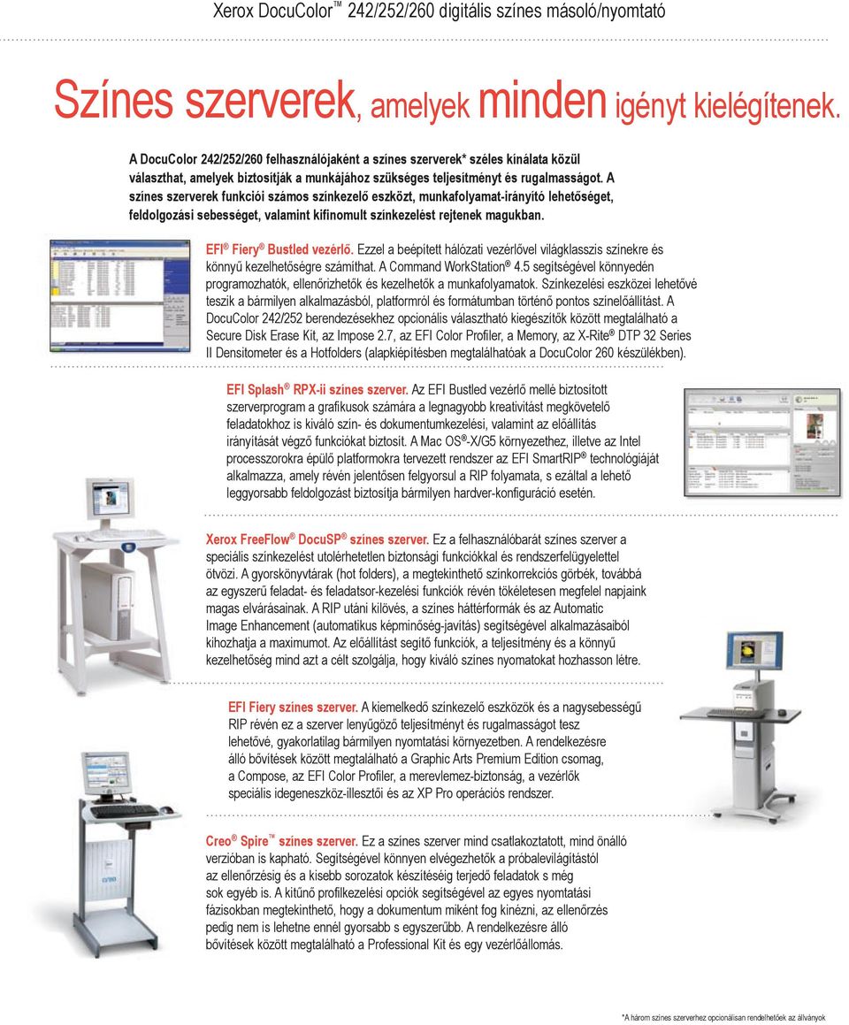 A színes szerverek funkciói számos színkezelő eszközt, munkafolyamat-irányító lehetőséget, feldolgozási sebességet, valamint kifinomult színkezelést rejtenek magukban. EFI Fiery Bustled vezérlő.