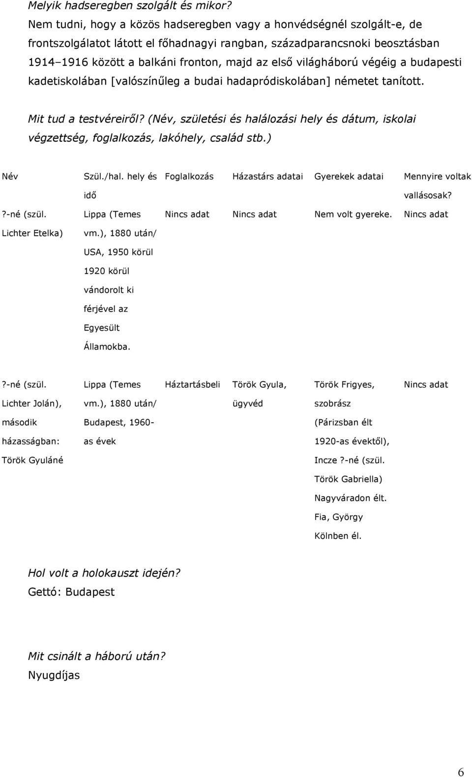 világháború végéig a budapesti kadetiskolában [valószínűleg a budai hadapródiskolában] németet tanított. Mit tud a testvéreiről?