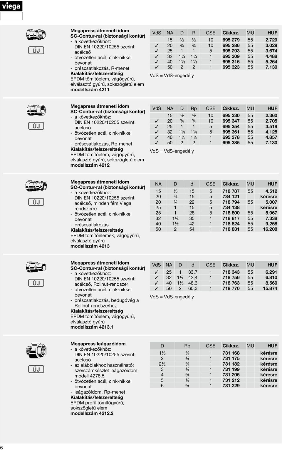 130 Megapress átmeneti idom - préscsatlakozás, Rp-menet EPDM tömítőelem, vágógyűrű, elválasztó gyűrű, sokszögletű elem modellszám 4212 VdS NA D Rp CSE Cikksz. MU HUF 15 ½ ½ 10 695 330 55 2.