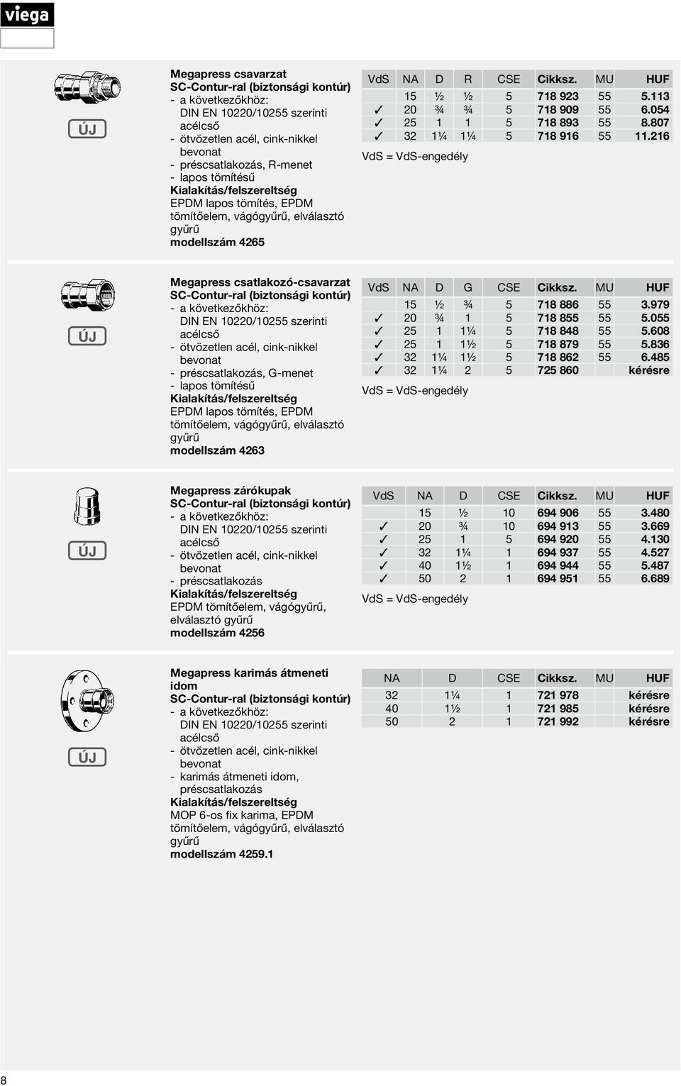 216 Megapress csatlakozó-csavarzat - préscsatlakozás, G-menet - lapos tömítésű EPDM lapos tömítés, EPDM tömítőelem, vágógyűrű, elválasztó gyűrű modellszám 4263 VdS NA D G CSE Cikksz.