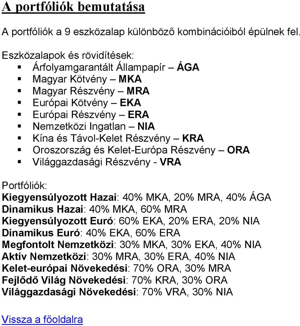 Részvény KRA Oroszország és Kelet-Európa Részvény ORA Világgazdasági Részvény - VRA Portfóliók: Kiegyensúlyozott Hazai: 40% MKA, 20% MRA, 40% ÁGA Dinamikus Hazai: 40% MKA, 60% MRA
