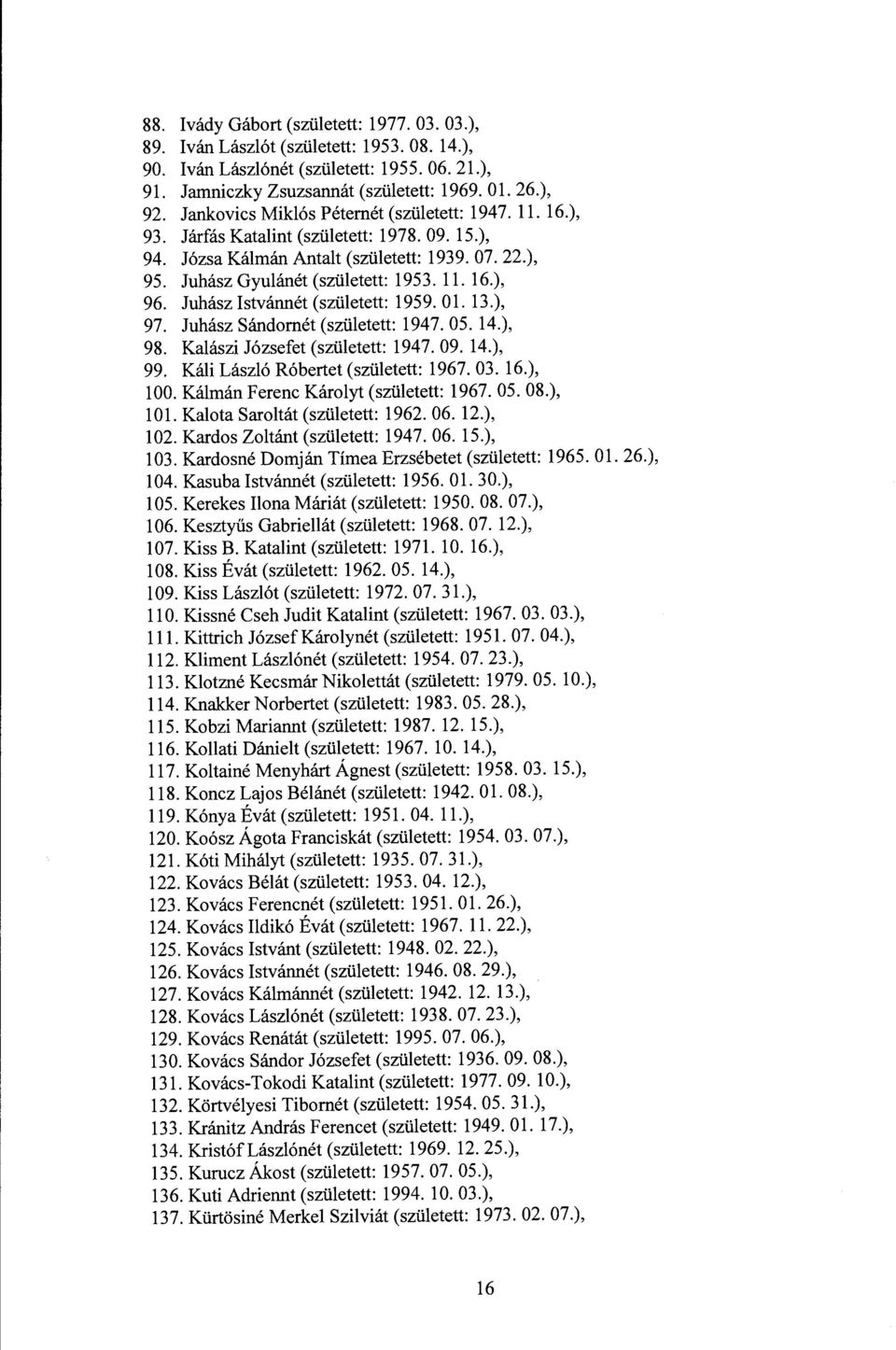 Juhász Istvánnét (született: 1959. Ol. 13.), 97. Juhász Sándomét (született: 1947. 05. 14.), 98. Kalászi Józsefet (született: 1947. 09. 14.), 99. Káli László Róbertet (született: 1967. 03. 16.), 100.