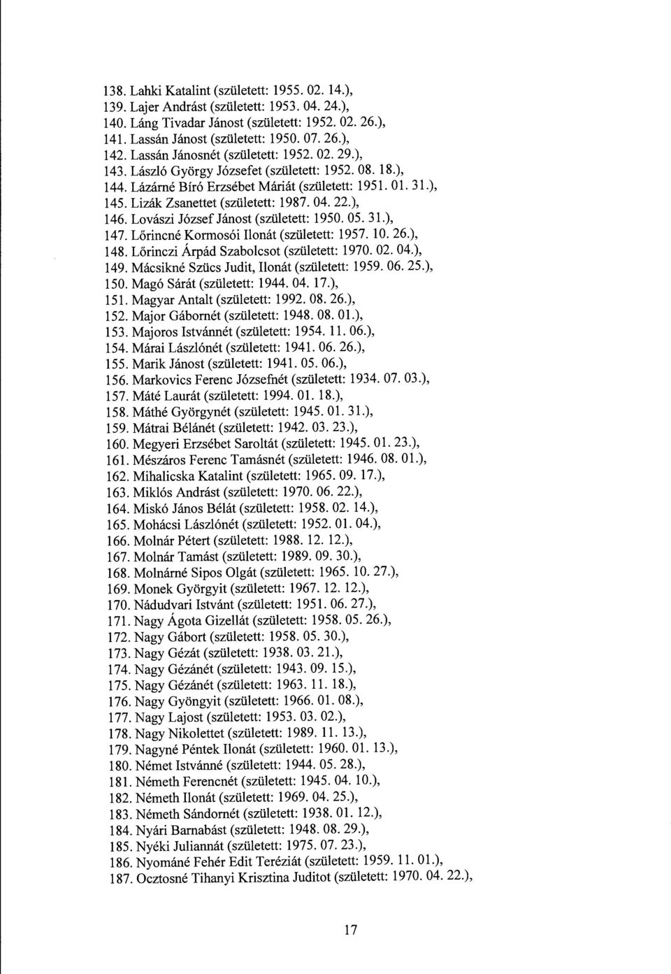 Lizák Zsanettet (született: 1987. 04. 22.), 146. Lovászi József Jánost (született: 1950.05. 31.), 147. Lőrincné Kormosói Ilonát (született: 1957. 10. 26.), 148.