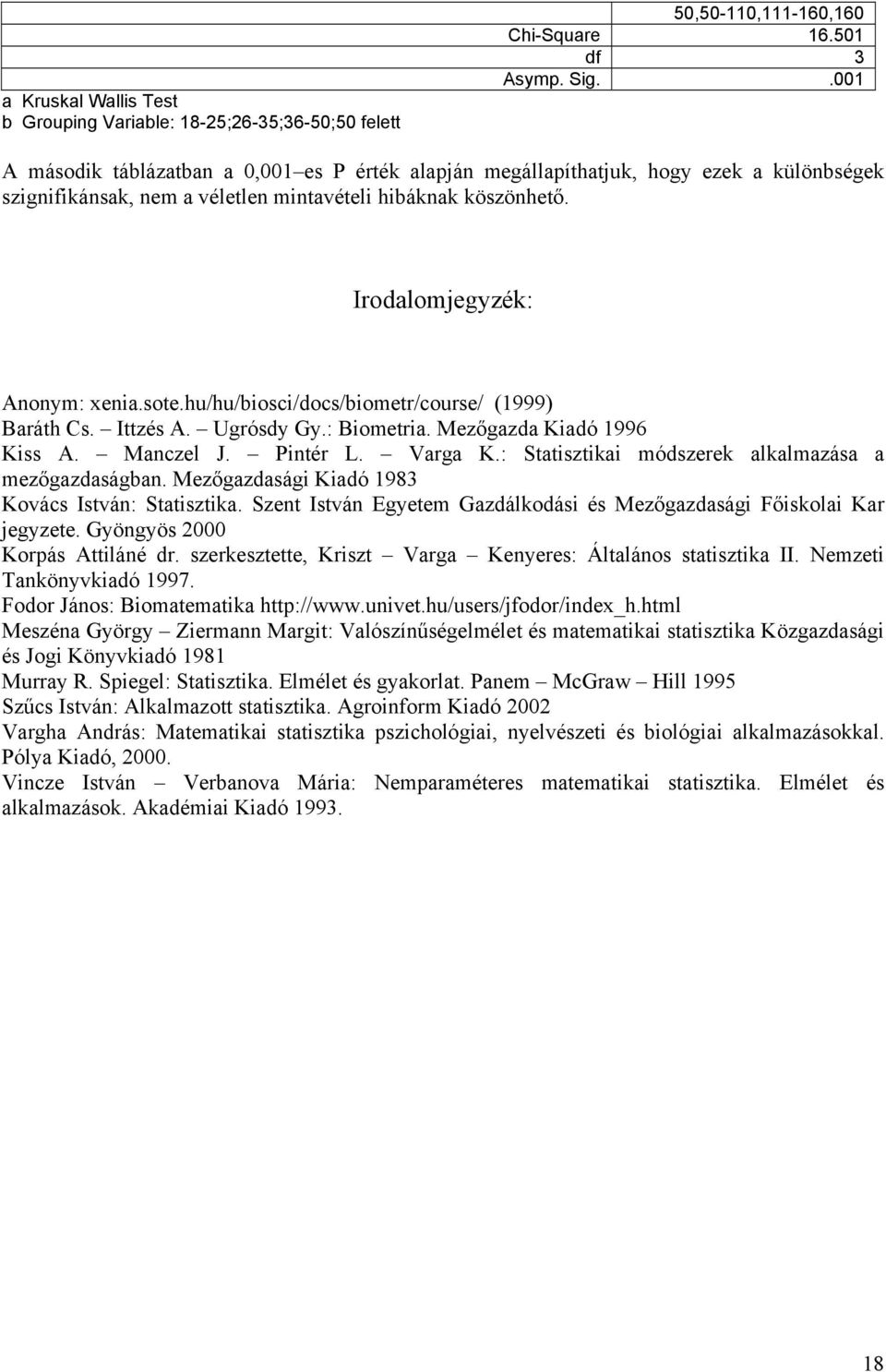 hu/hu/biosci/docs/biometr/course/ (1999) Baráth Cs. Ittzés A. Ugrósdy Gy.: Biometria. Mezőgazda Kiadó 1996 Kiss A. Manczel J. Pintér L. Varga K.: Statisztikai módszerek alkalmazása a mezőgazdaságban.