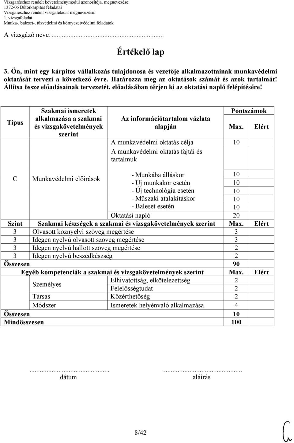 Típus Szakmai ismeretek alkalmazása a szakmai és vizsgakövetelmények szerint Az információtartalom vázlata alapján Pontszámok Max.