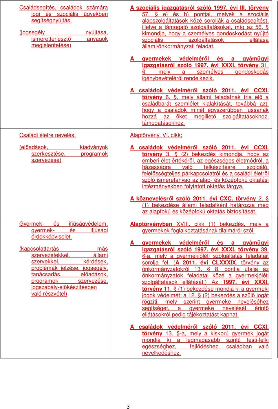kimondja, hogy a személyes gondoskodást nyújtó szociális szolgáltatások ellátása állami/önkormányzati feladat. A gyermekek védelméről és a gyámügyi igazgatásról szóló 1997. évi XXXI. törvény 31.