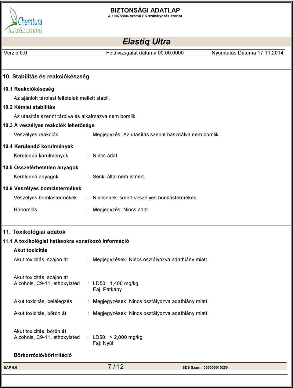 Toxikológiai adatok 11.1 A toxikológiai hatásokra vonatkozó információ Akut toxicitás Akut toxicitás, szájon át Megjegyzések Nincs osztályozva adathiány miatt.