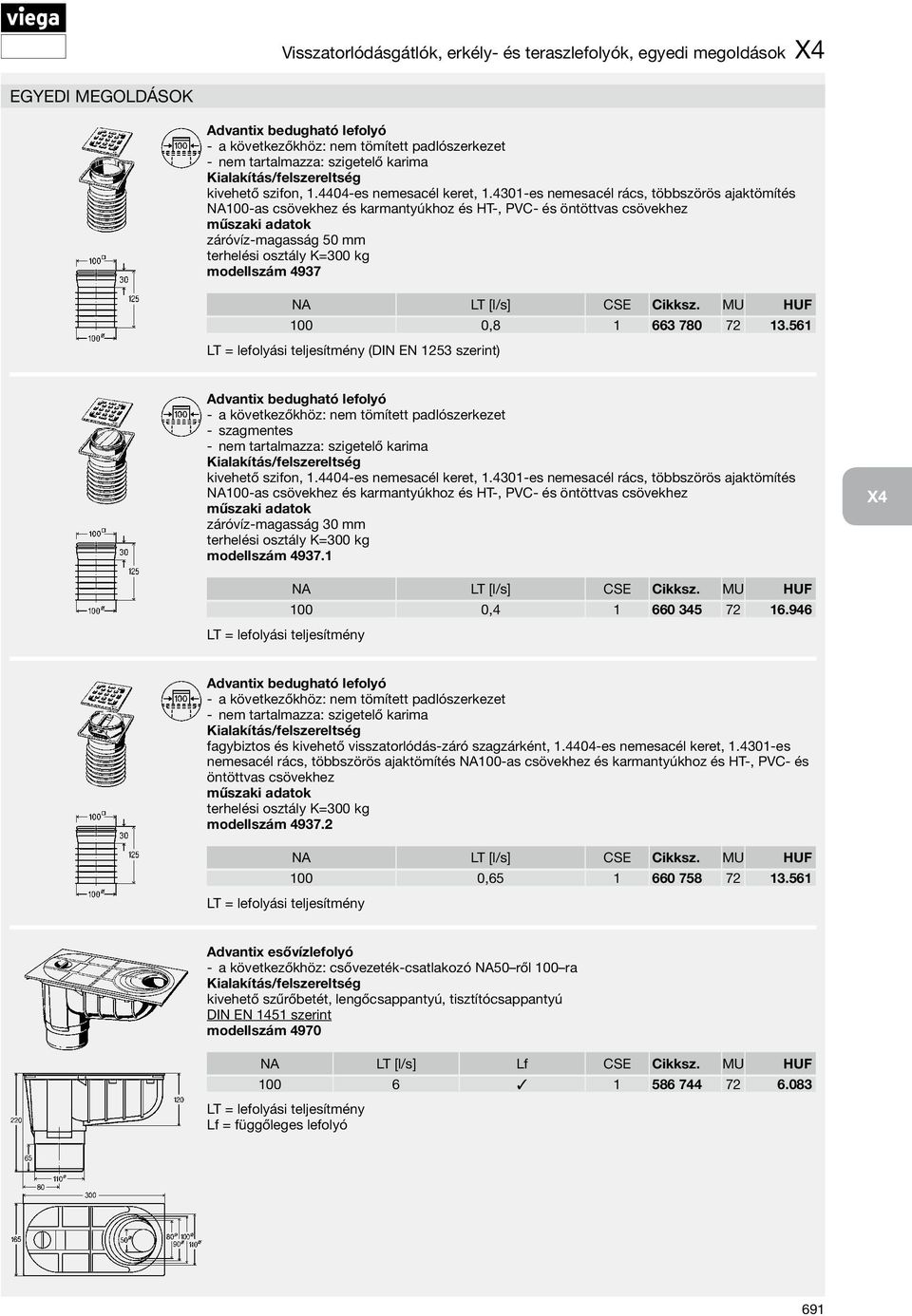 4301-es nemesacél rács, többszörös ajaktömítés NA100-as csövekhez és karmantyúkhoz és HT-, PVC- és öntöttvas csövekhez záróvíz-magasság 50 mm modellszám 4937 NA LT [l/s] CSE Cikksz.