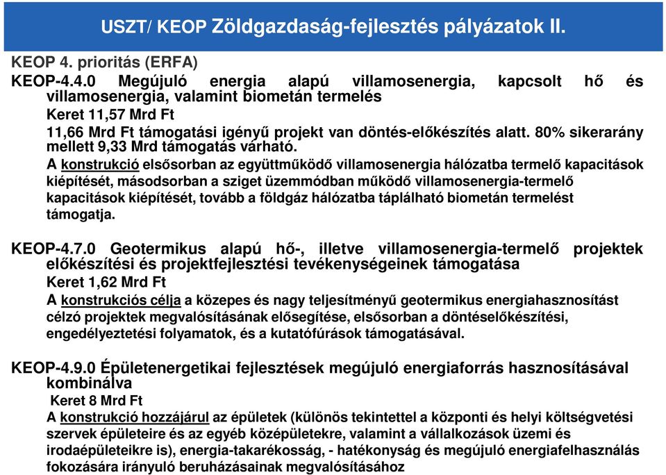 4.0 Megújuló energia alapú villamosenergia, villamosenergia, valamint biometán termelés kapcsolt hı és Keret 11,57 Mrd Ft 11,66 Mrd Ft támogatási igényő projekt van döntés-elıkészítés alatt.