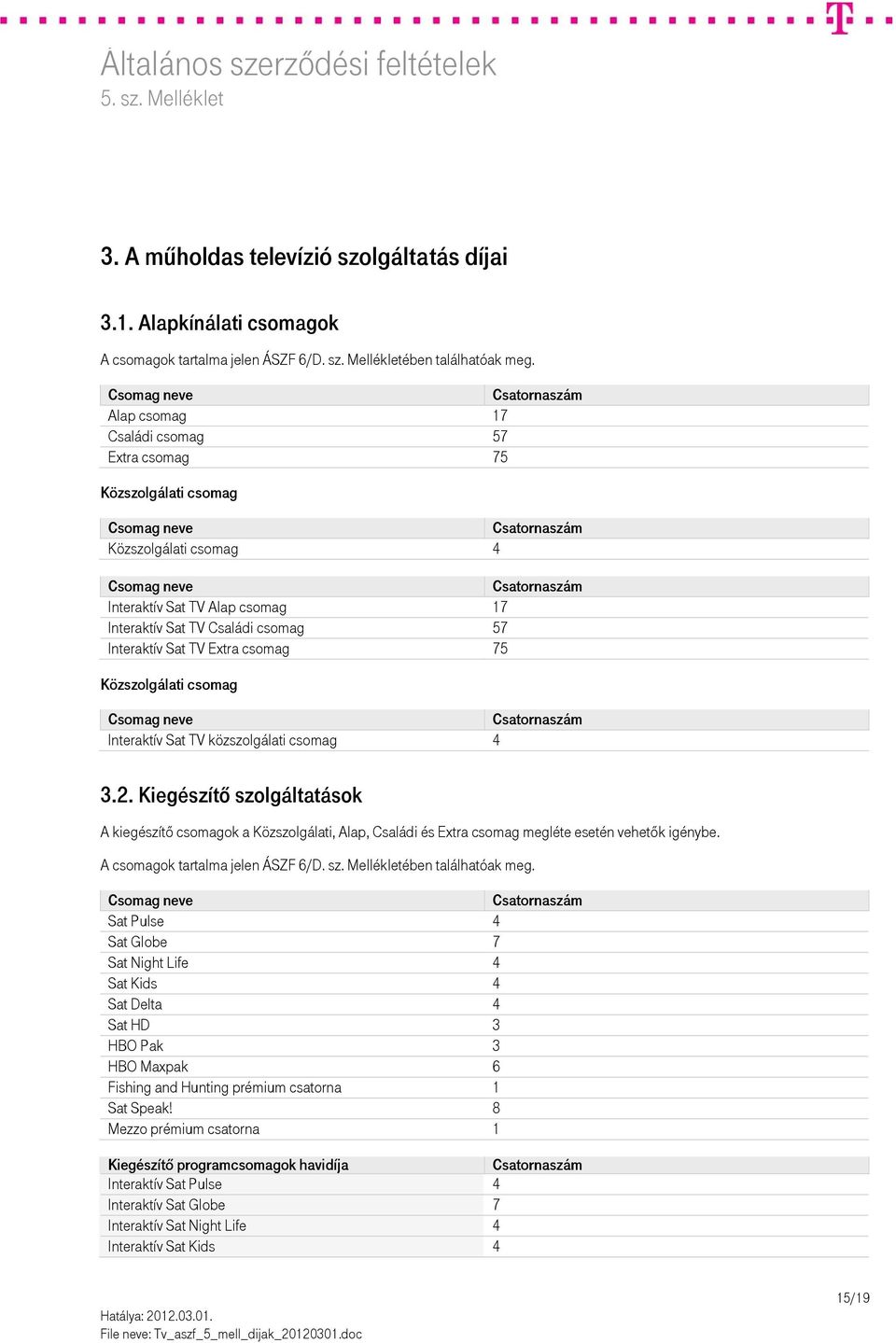 csomag 4 3.2. Kiegészítő szolgáltatások A kiegészítő csomagok a Közszolgálati, Alap, Családi és Extra csomag megléte esetén vehetők igénybe. A csomagok tartalma jelen ÁSZF 6/D. sz. Mellékletében találhatóak meg.