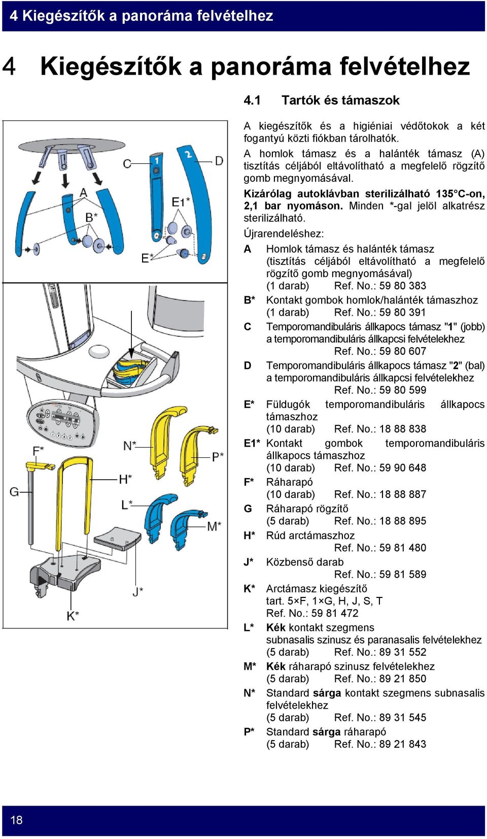 Minden *-gal jelöl alkatrész sterilizálható. Újrarendeléshez: A Homlok támasz és halánték támasz (tisztítás céljából eltávolítható a megfelelő rögzítő gomb megnyomásával) (1 darab) Ref. No.