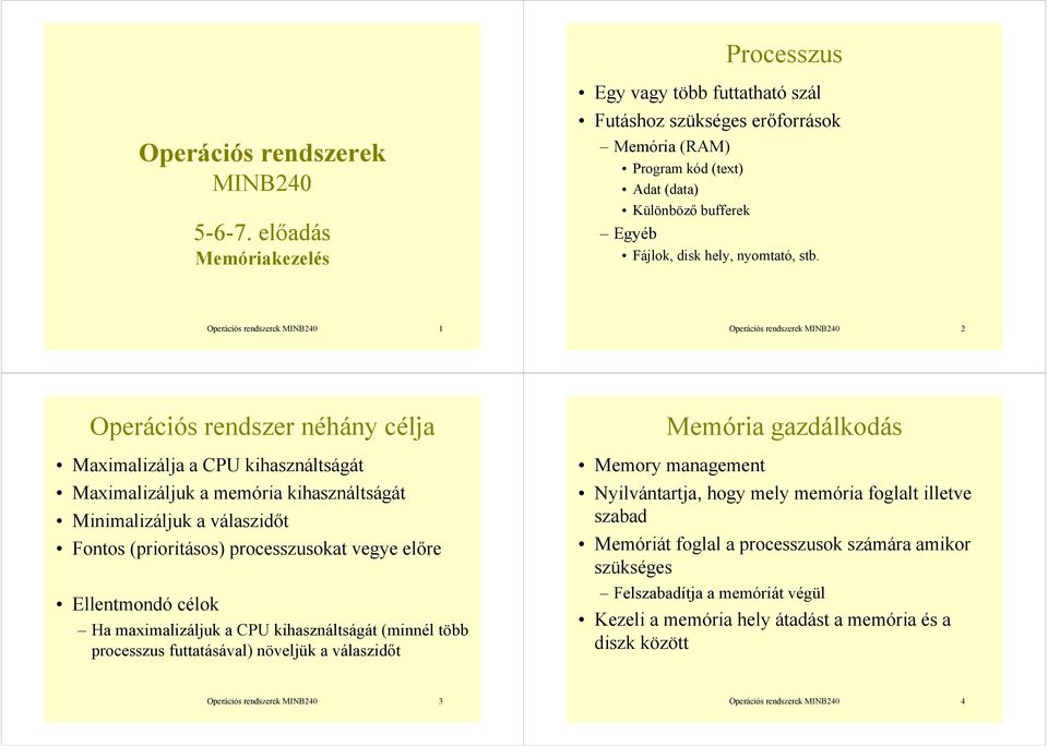 Operációs rendszerek MINB40 Operációs rendszerek MINB40 Operációs rendszer néhány célja Maximalizálja a CPU kihasználtságát Maximalizáljuk a memória kihasználtságát Minimalizáljuk a válaszidőt Fontos