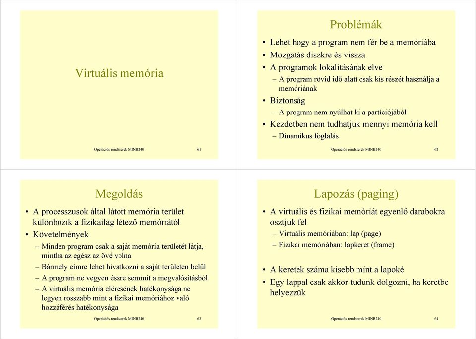 által látott memória terület különbözik a fizikailag létező memóriától Követelmények Minden program csak a saját memória területét látja, mintha az egész az övé volna Bármely címre lehet hivatkozni a