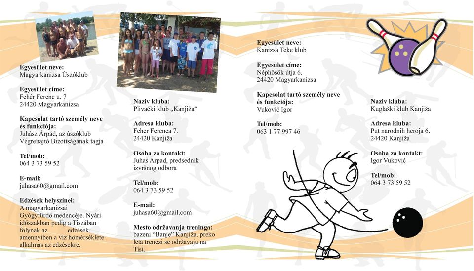 úszóklub Végrehajtó Bizottságának tagja Feher Ferenca 7. 063 1 77 997 46 Put narodnih heroja 6. 064 3 73 59 52 Juhas Arpad, predsednik izvršnog odbora juhasa60@gmail.
