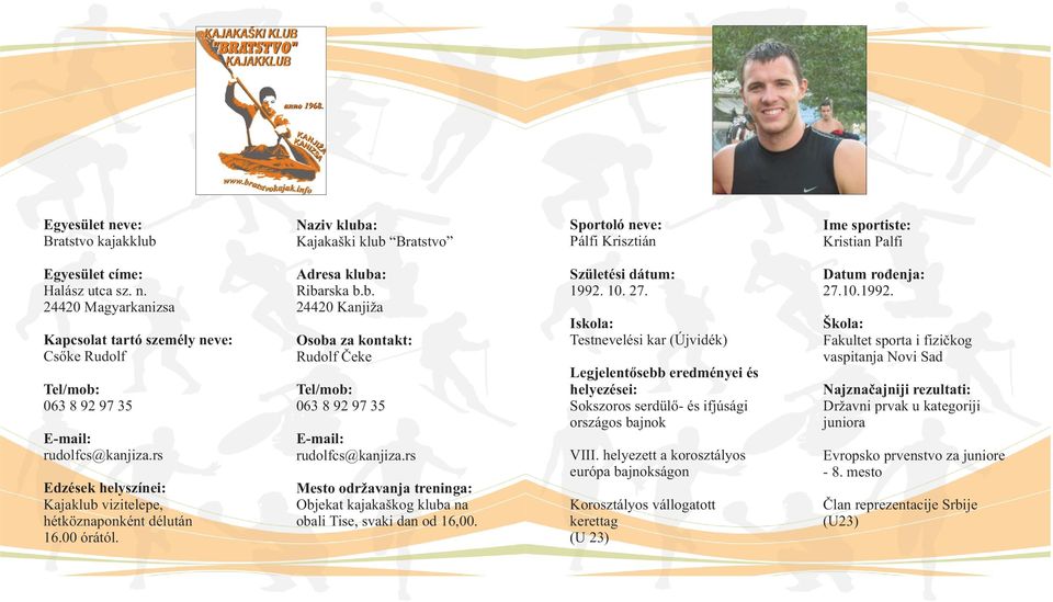 Testnevelési kar (Újvidék) Legjelentősebb eredményei és helyezései: Sokszoros serdülő- és ifjúsági országos bajnok VIII.