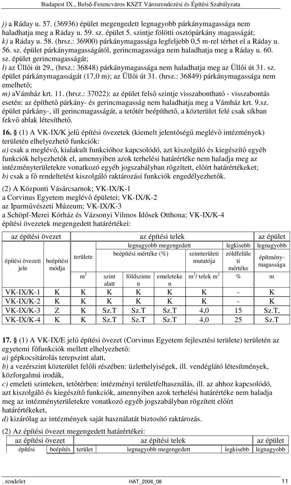 , (hrsz.: 36848) párkánymagassága nem haladhatja meg az Üllői út 31. sz. épület párkánymagasságát (17,0 m); az Üllői út 31. (hrsz.: 36849) párkánymagassága nem emelhető; m) avámház krt. 11. (hrsz.: 37022): az épület felső szintje visszabontható - visszabontás esetén: az építhető párkány- és gerincmagasság nem haladhatja meg a Vámház krt.