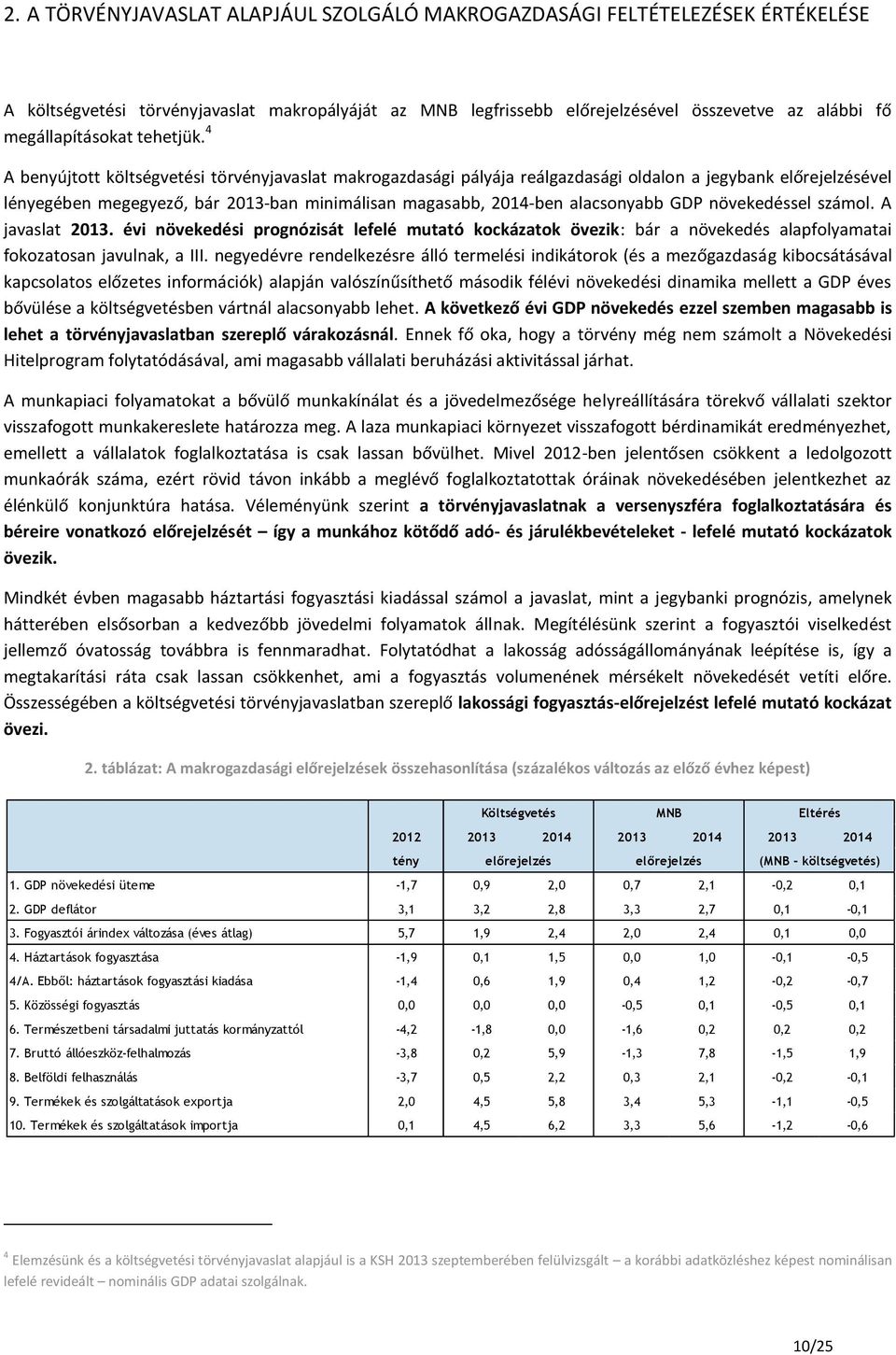 4 A benyújtott költségvetési törvényjavaslat makrogazdasági pályája reálgazdasági oldalon a jegybank előrejelzésével lényegében megegyező, bár 2013-ban minimálisan magasabb, 2014-ben alacsonyabb GDP