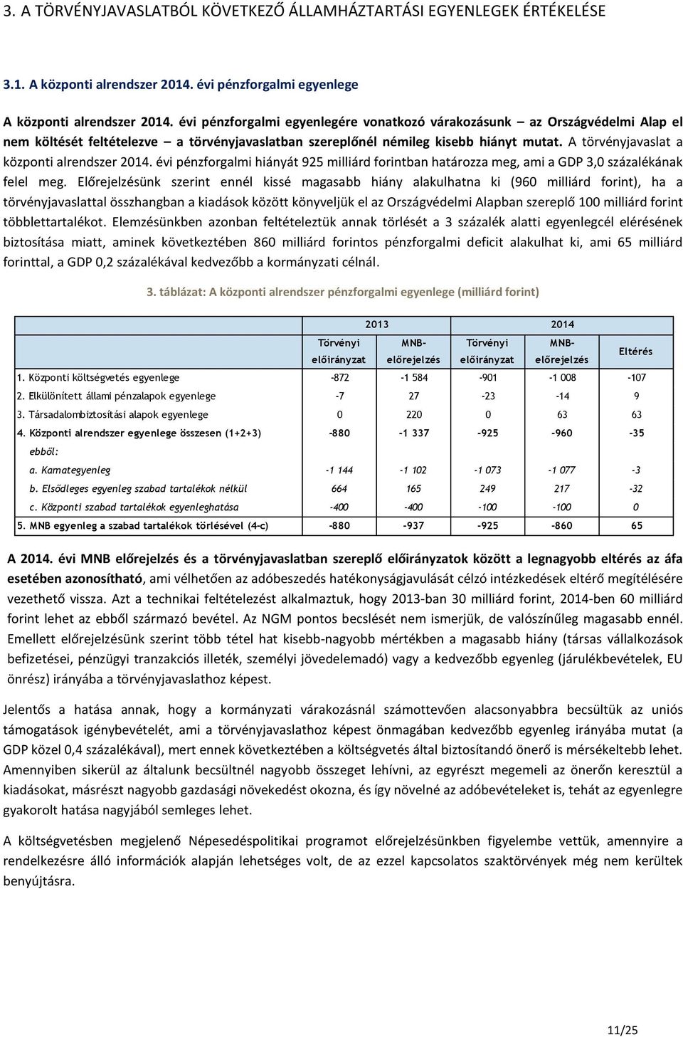 A törvényjavaslat a központi alrendszer 2014. évi pénzforgalmi hiányát 925 milliárd forintban határozza meg, ami a GDP 3,0 százalékának felel meg.