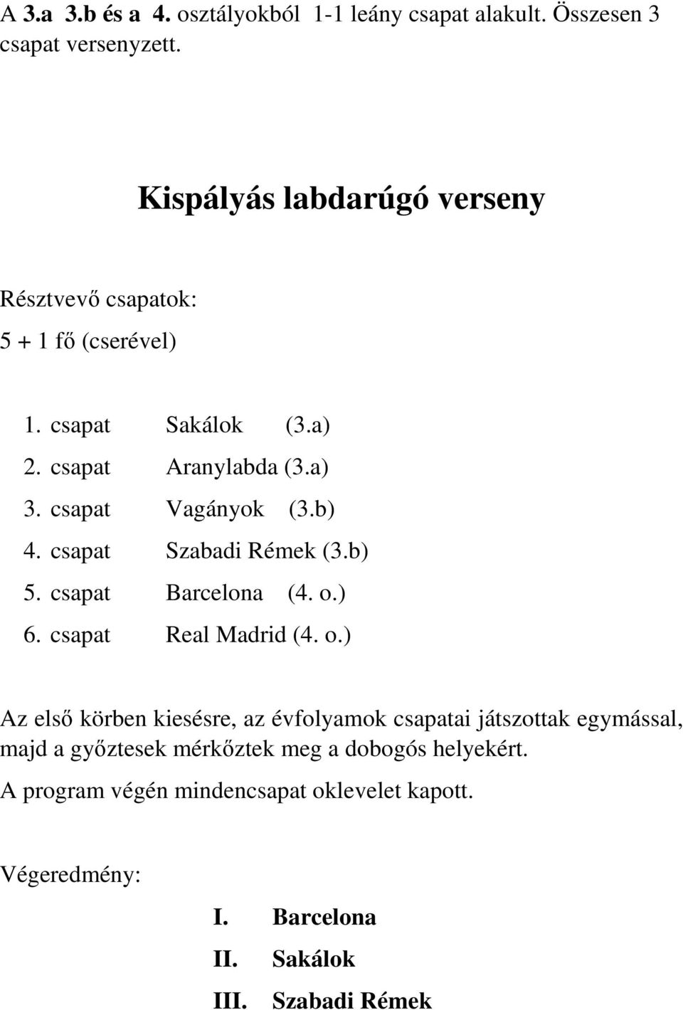 csapat Vagányok (3.b) 4. csapat Szabadi Rémek (3.b) 5. csapat Barcelona (4. o.