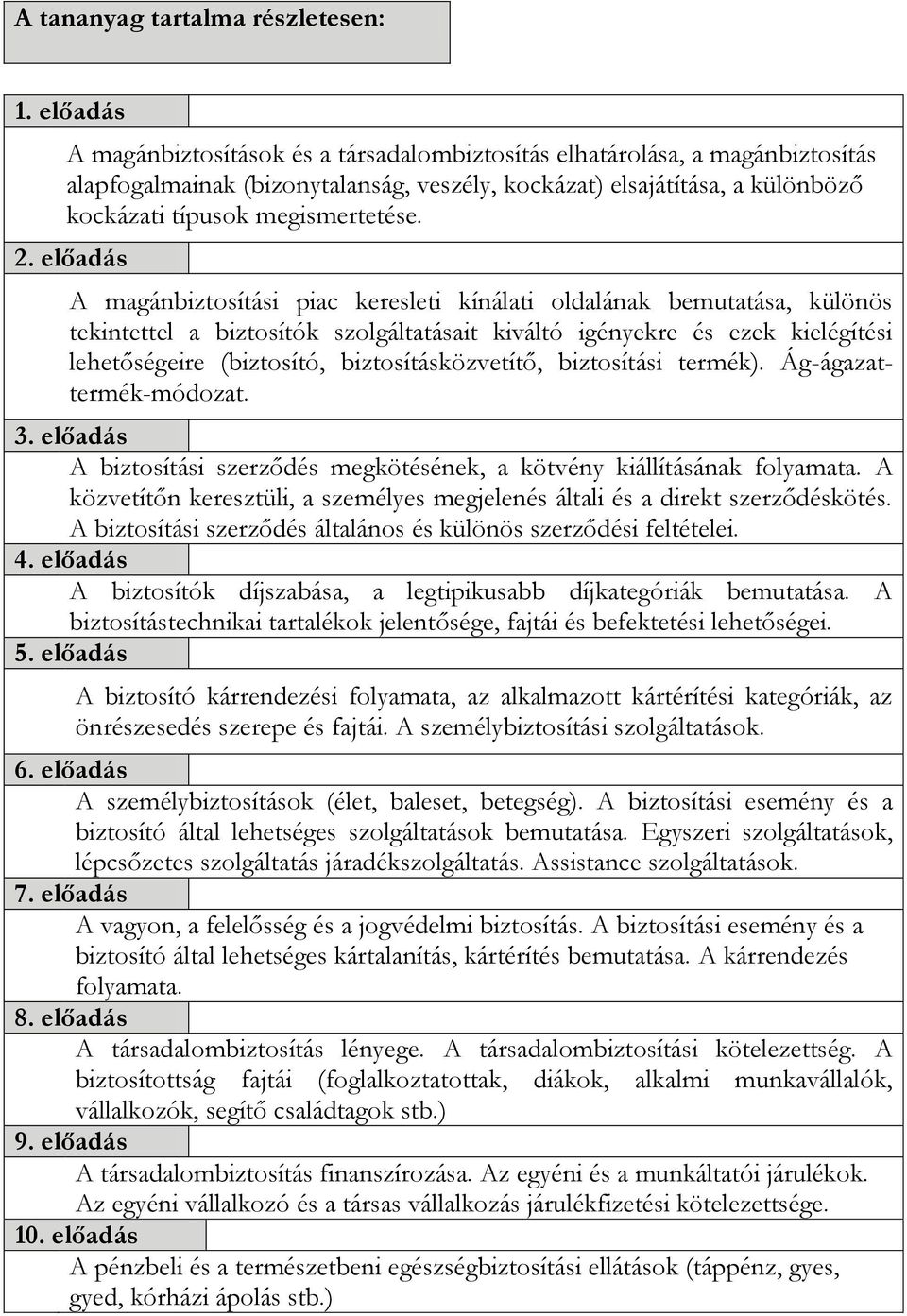 előadás A magánbiztosítási piac keresleti kínálati oldalának bemutatása, különös tekintettel a biztosítók szolgáltatásait kiváltó igényekre és ezek kielégítési lehetőségeire (biztosító,