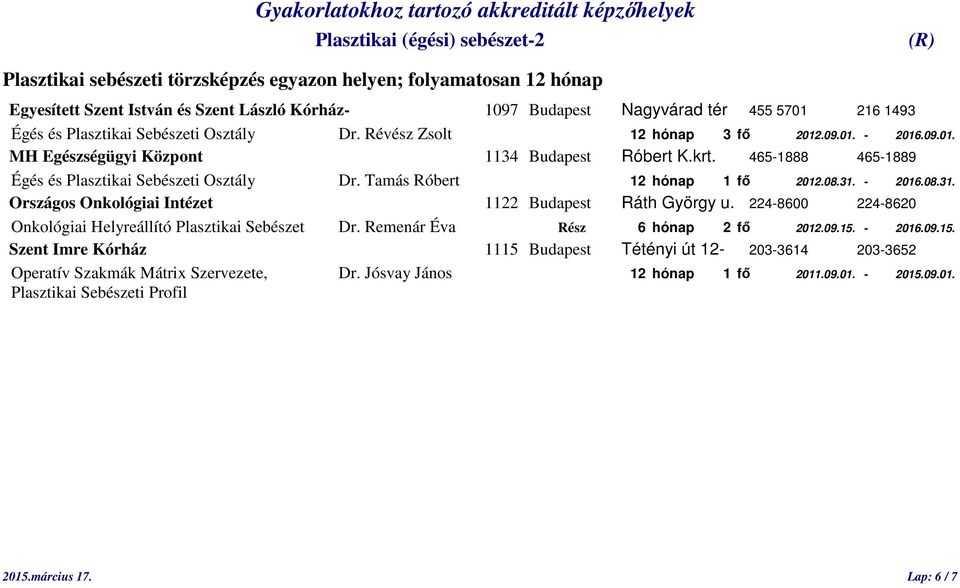 08.31. - 2016.08.31. Onkológiai Helyreállító Plasztikai Sebészet Dr. Remenár Éva Rész 6 hónap 2 fő 2012.09.15.