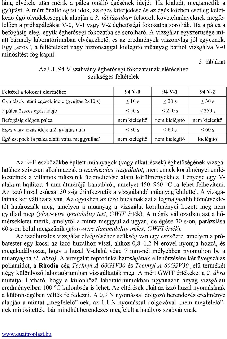 táblázatban felsorolt követelményeknek megfelelően a próbapálcákat V-0, V-1 vagy V-2 éghetőségi fokozatba sorolják. Ha a pálca a befogásig elég, egyik éghetőségi fokozatba se sorolható.