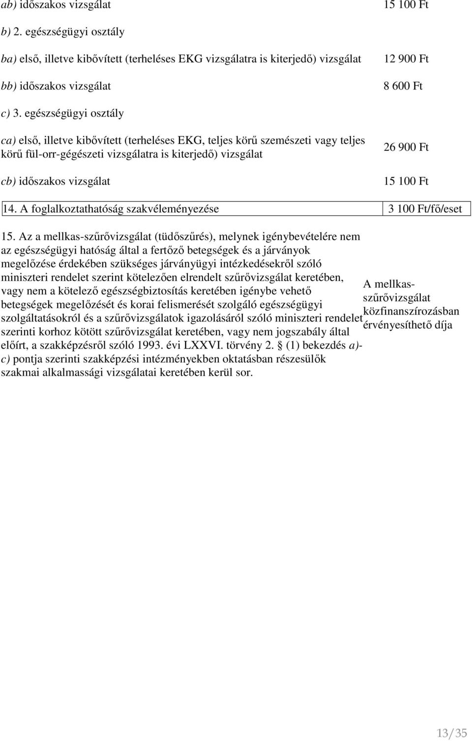 100 Ft 14. A foglalkoztathatóság szakvéleményezése 3 100 Ft/fő/eset 15.