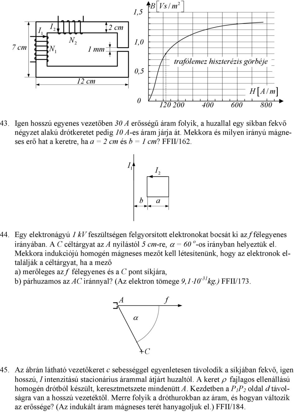 Mekkora és milyen irányú mágneses erő hat a keretre, ha a = 2 cm és b = 1 cm? FF/162. 1 2 b a 44. Egy elektronágyú 1 kv feszültségen felgyorsított elektronokat bocsát ki az f félegyenes irányában.