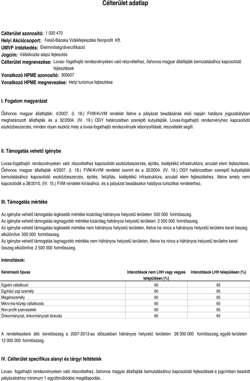 kapcsolódó fejlesztések Vonatkozó HPME azonosító: 300b07 Vonatkozó HPME megnevezése: Helyi turizmus fejlesztése I. Fogalom magyarázat Őshonos magyar állatfajták: 4/2007. (I. 18.