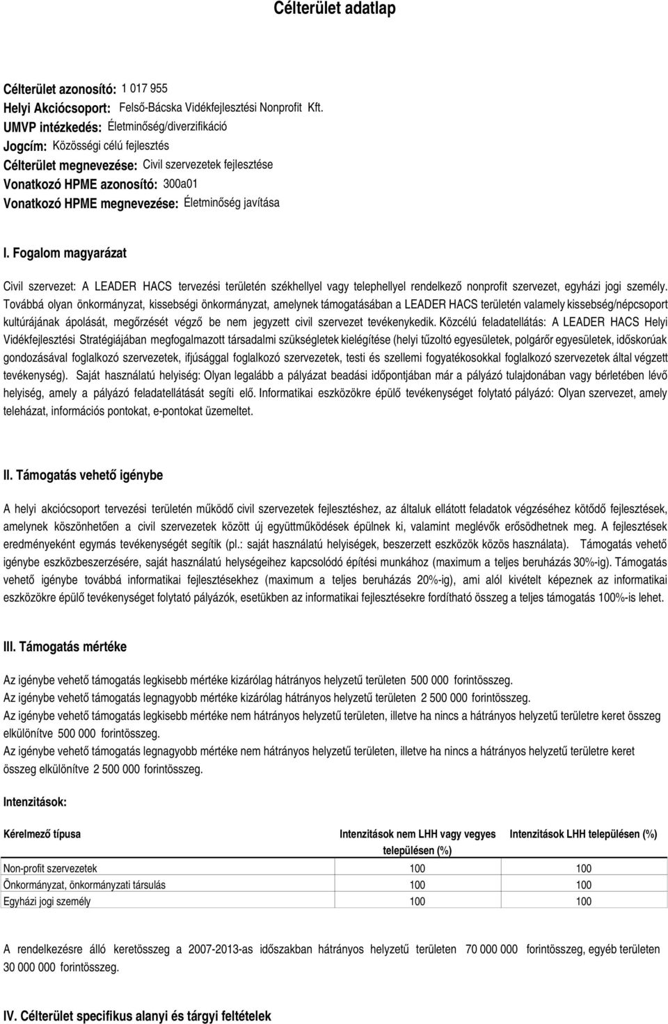 Életminőség javítása I. Fogalom magyarázat Civil szervezet: A LEADER HACS tervezési területén székhellyel vagy telephellyel rendelkező nonprofit szervezet, egyházi jogi személy.