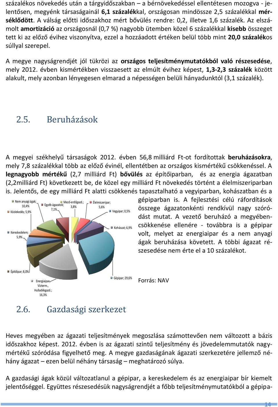 Az elszámolt amortizáció az országosnál (0,7 %) nagyobb ütemben közel 6 százalékkal kisebb összeget tett ki az előző évihez viszonyítva, ezzel a hozzáadott értéken belül több mint 20,0 százalékos