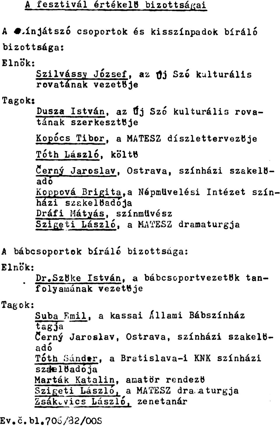 Mátyás, színművész Szigeti László, a MATESZ dramaturgja A bábcsoportok bíráló bizottsága: Elnök: Tagok: Dr.