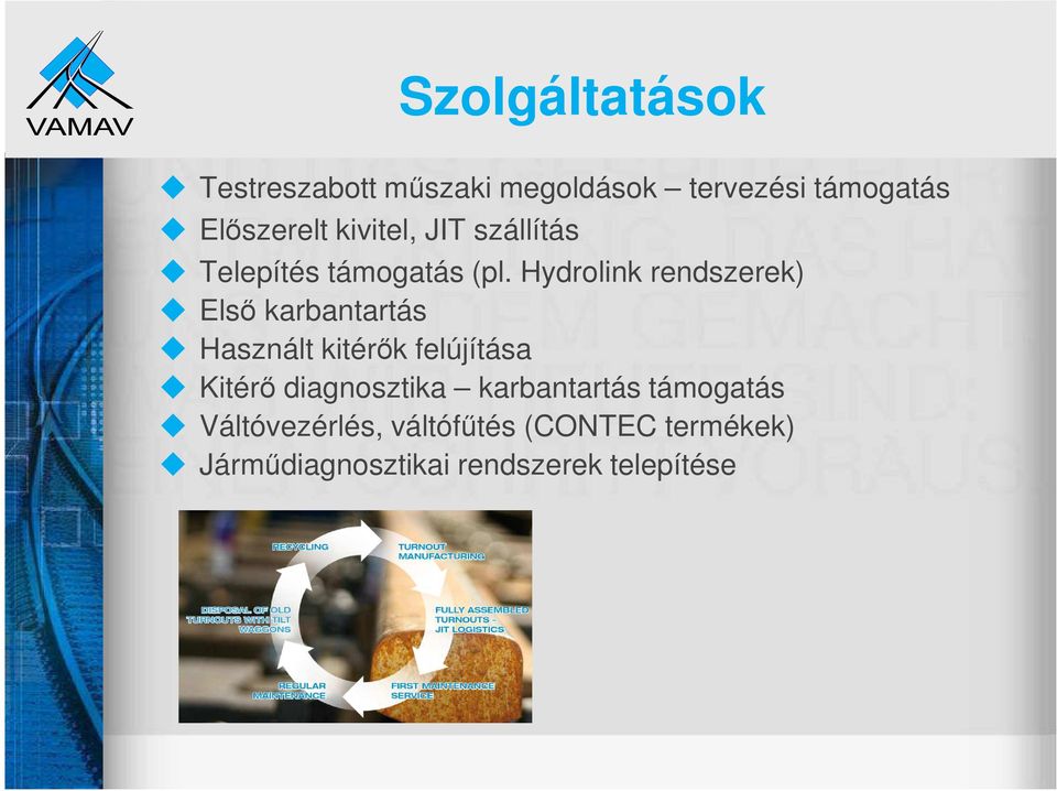 Hydrolink rendszerek) Első karbantartás Használt kitérők felújítása Kitérő