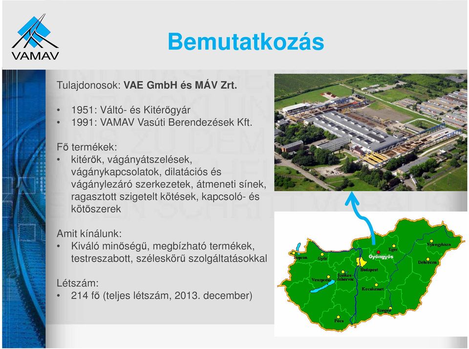 Fő termékek: kitérők, vágányátszelések, vágánykapcsolatok, dilatációs és vágánylezáró szerkezetek,