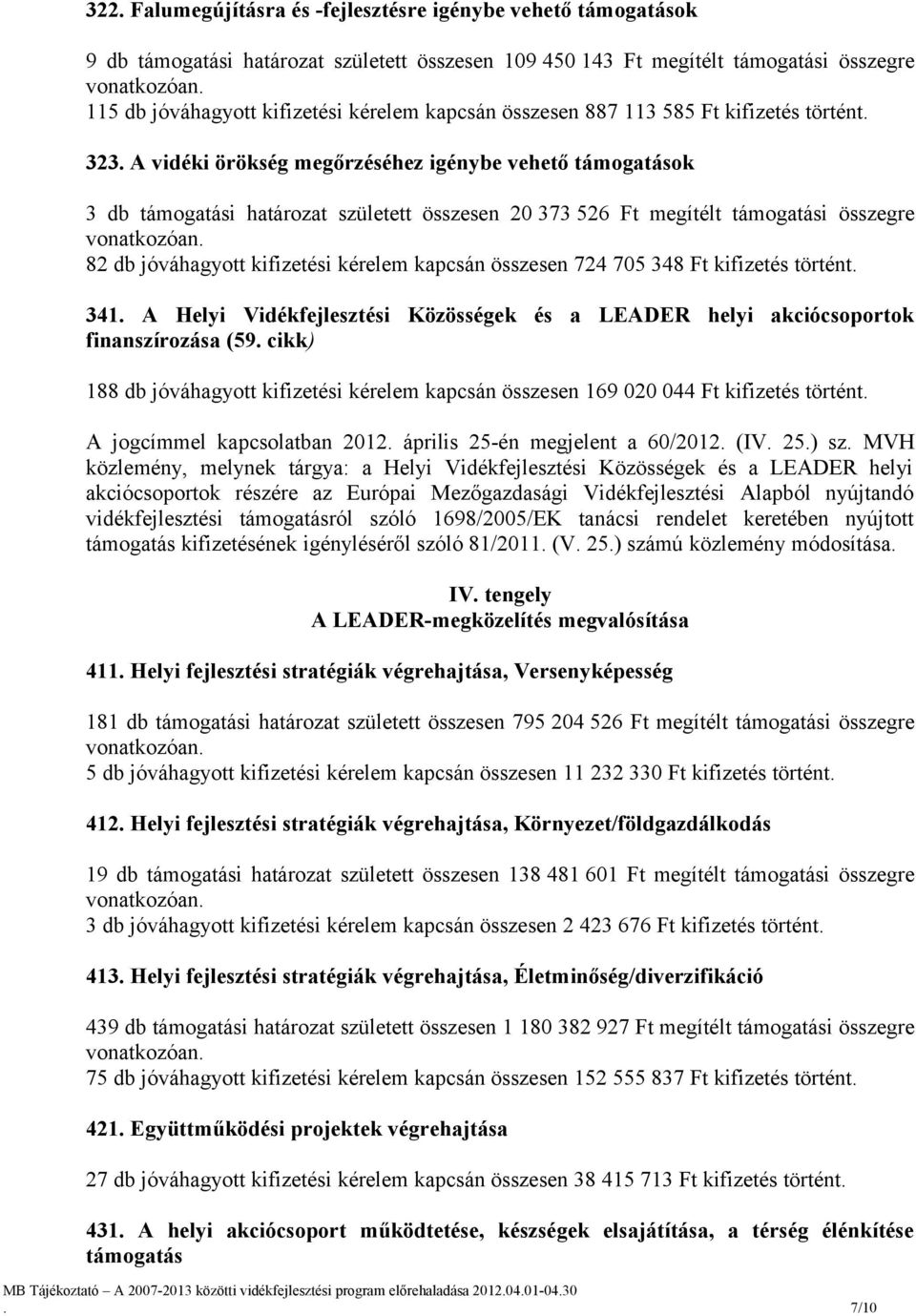 A vidéki örökség megőrzéséhez igénybe vehető támogatások 3 db támogatási határozat született összesen 20 373 526 Ft megítélt támogatási összegre 82 db jóváhagyott kifizetési kérelem kapcsán összesen