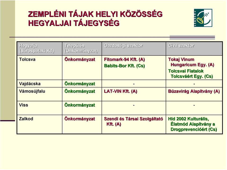 (A) Tolcsvai Fiatalok Tolcsváé áért Egy. ( - - LAT-VIN Kft.